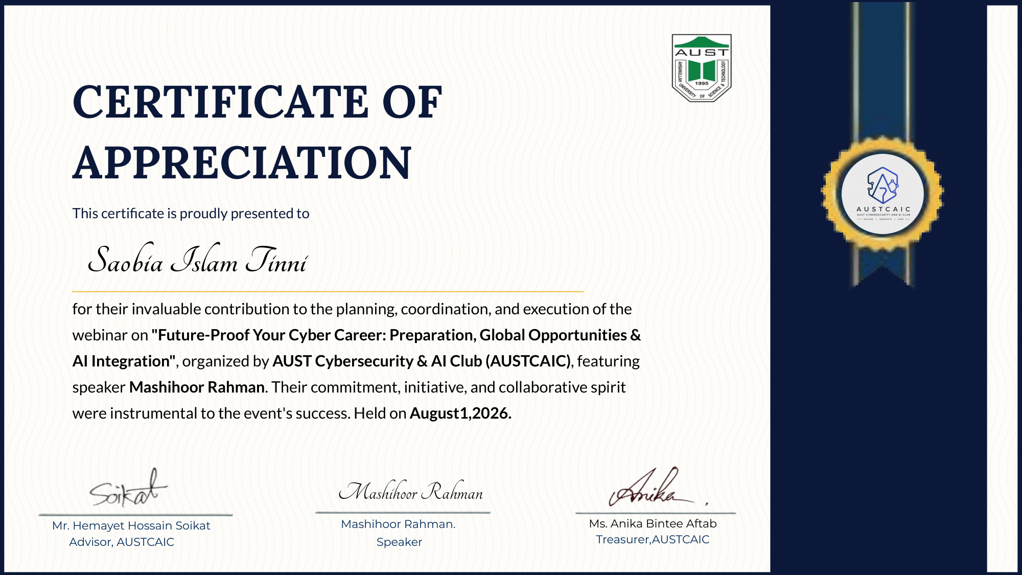 Webinar Organizer Certificate of Appreciation